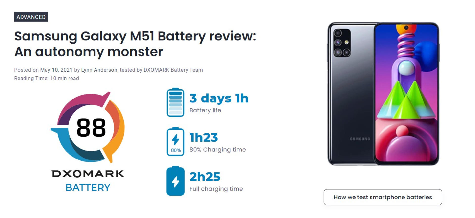 DxOMark 上线手机电池测试评分：Galaxy M51 排名第一